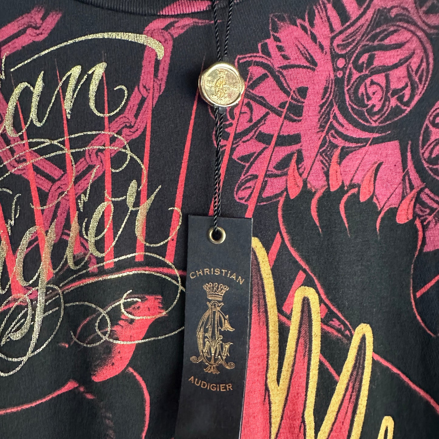 Camisa Y2K Christian Audigier De Hombre Talla M Color Negro Con Brillos Ed Hardy Nueva AOP