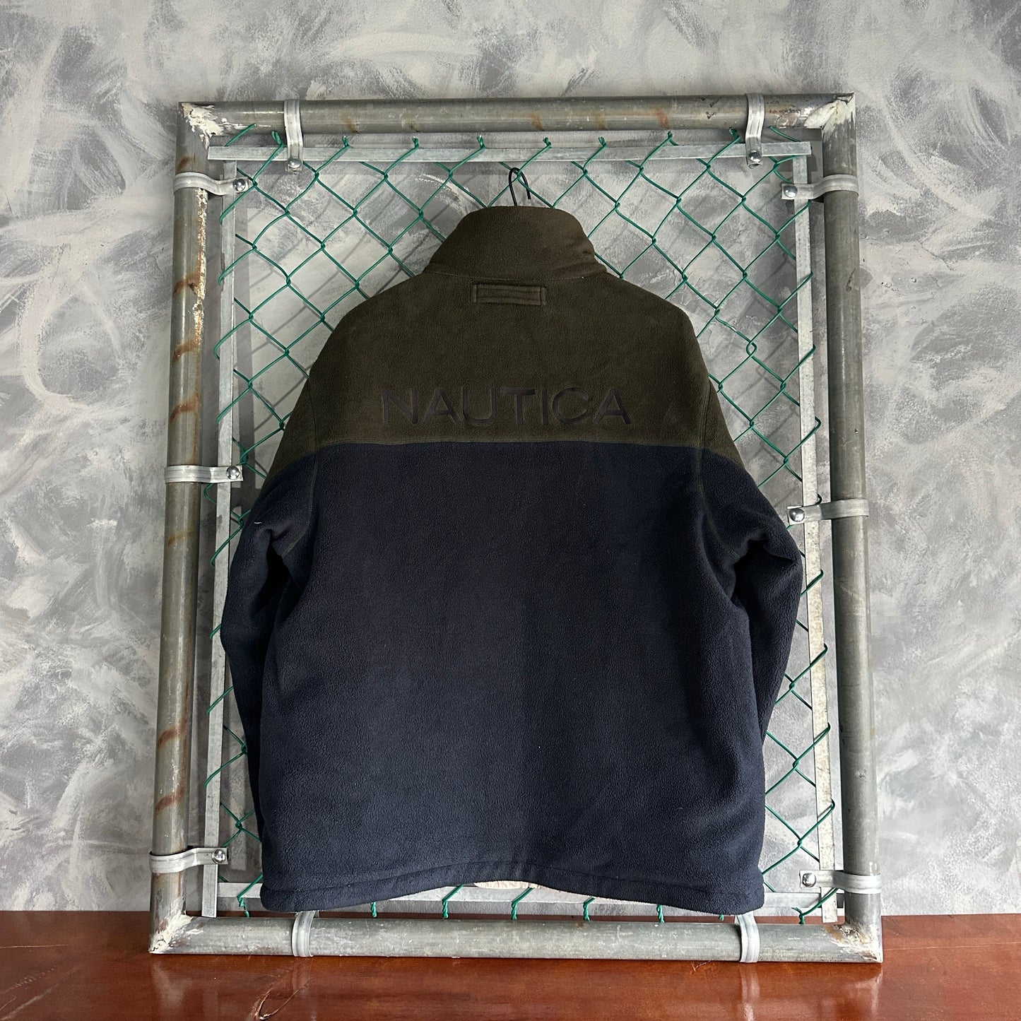 Chamarra Nautica De Hombre Talla XL Color Verde Y Beige Doble Vista Vintage Fleece Rompevientos
