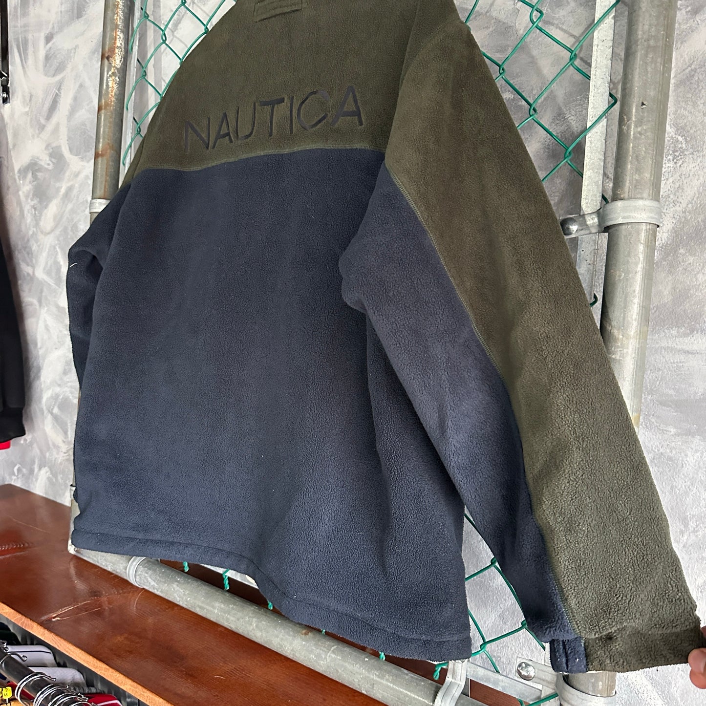 Chamarra Nautica De Hombre Talla XL Color Verde Y Beige Doble Vista Vintage Fleece Rompevientos