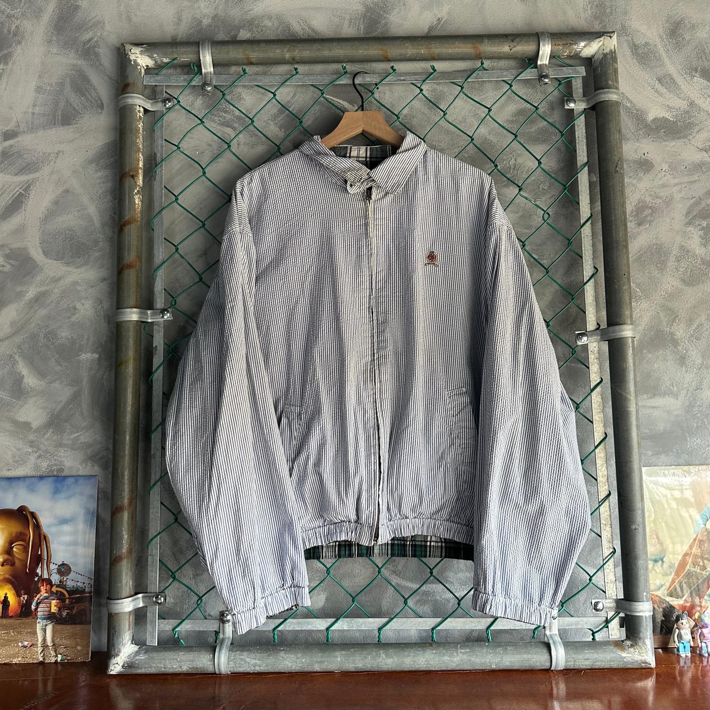 Chamarra Vintage Tommy Hilfiger De Hombre Talla XL Reversible Cuadros y Rayas Color Verde Blanco