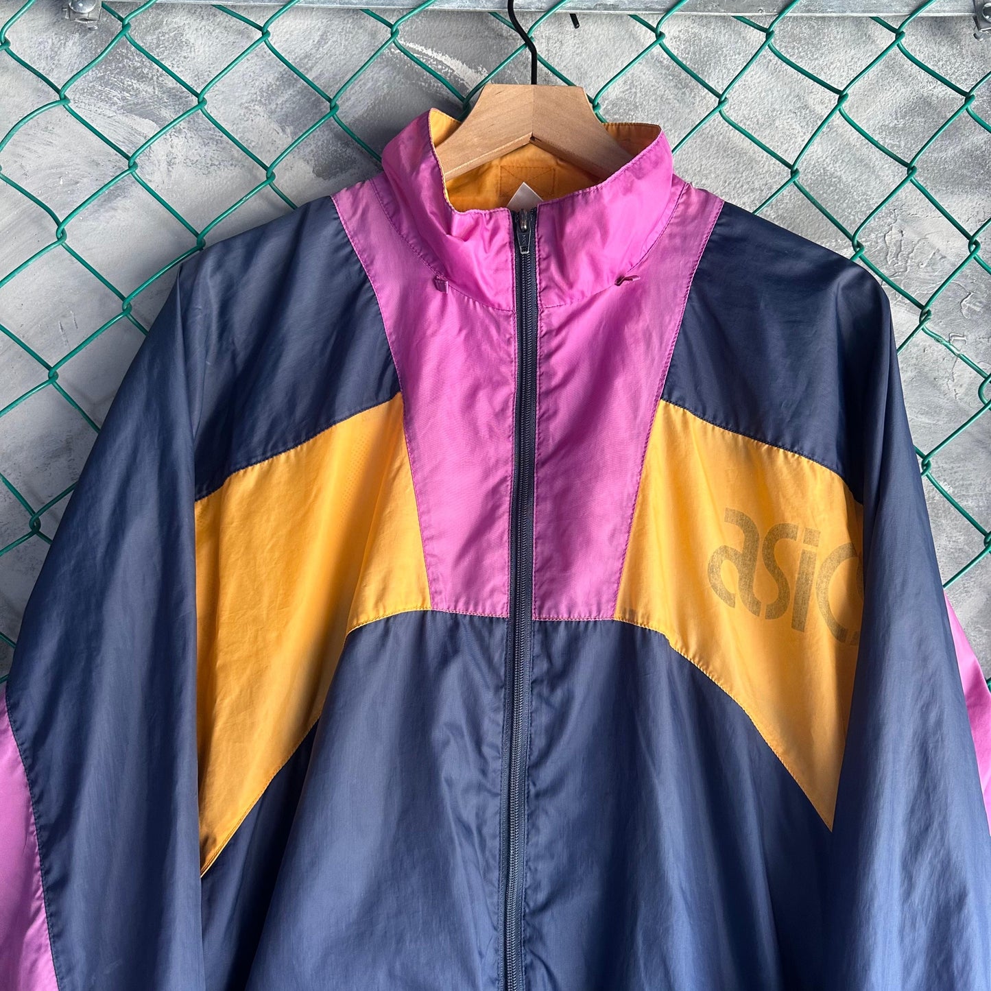 Chamarra Vintage Asics De Hombre Talla L Color Azul Morado Rompevientos 80s