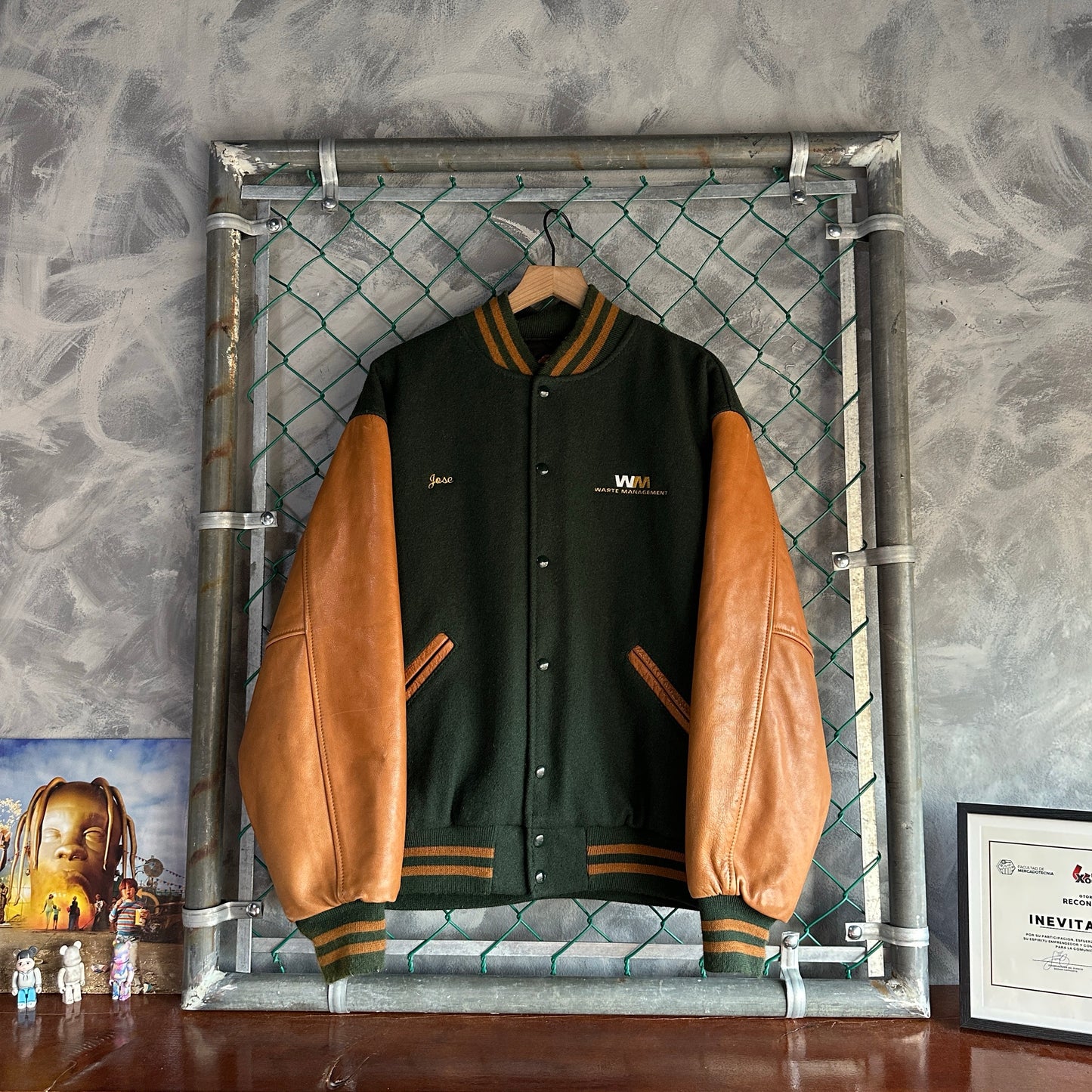 Chamarra Vintage Varsity De Hombre Talla Xl Color Verde Café Piel Y Lana Colegial Letterman