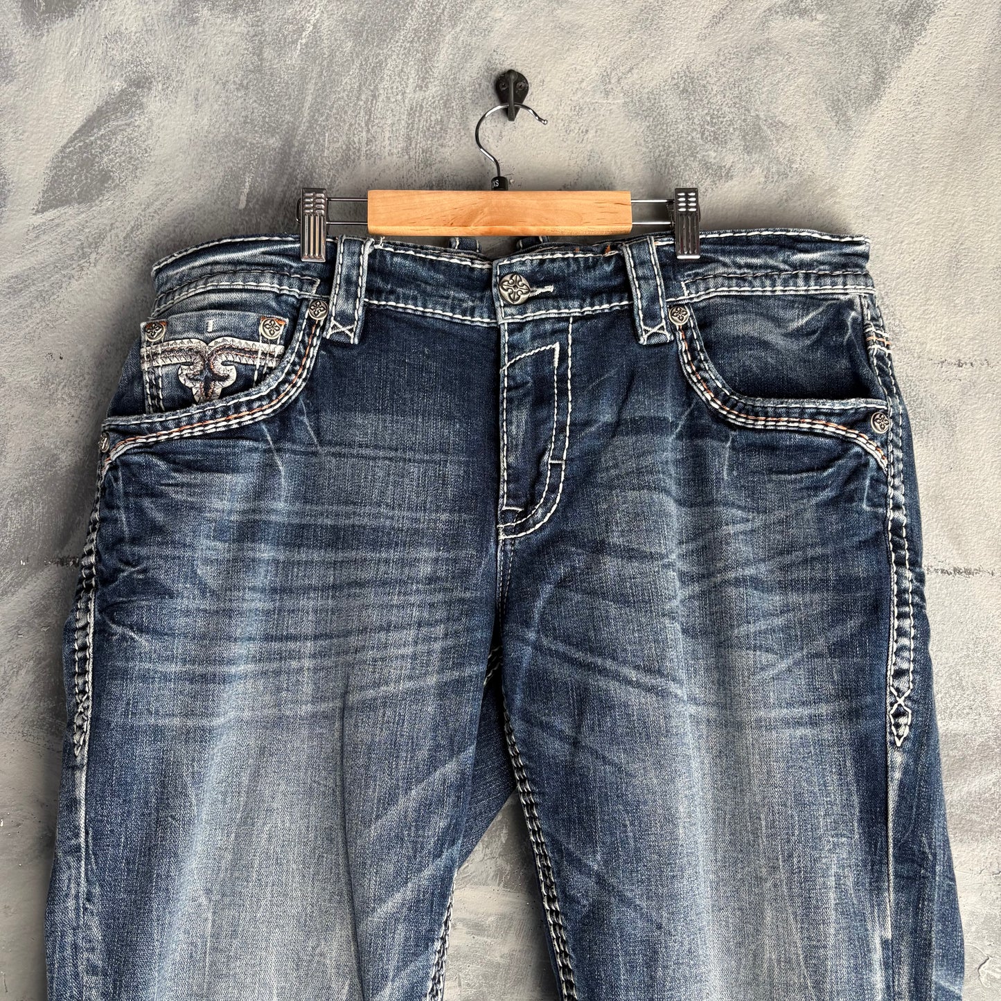 Pantalón Rock Revival Para Hombre Talla 38x30 Color Azul de Mezclilla Diseño Bordado