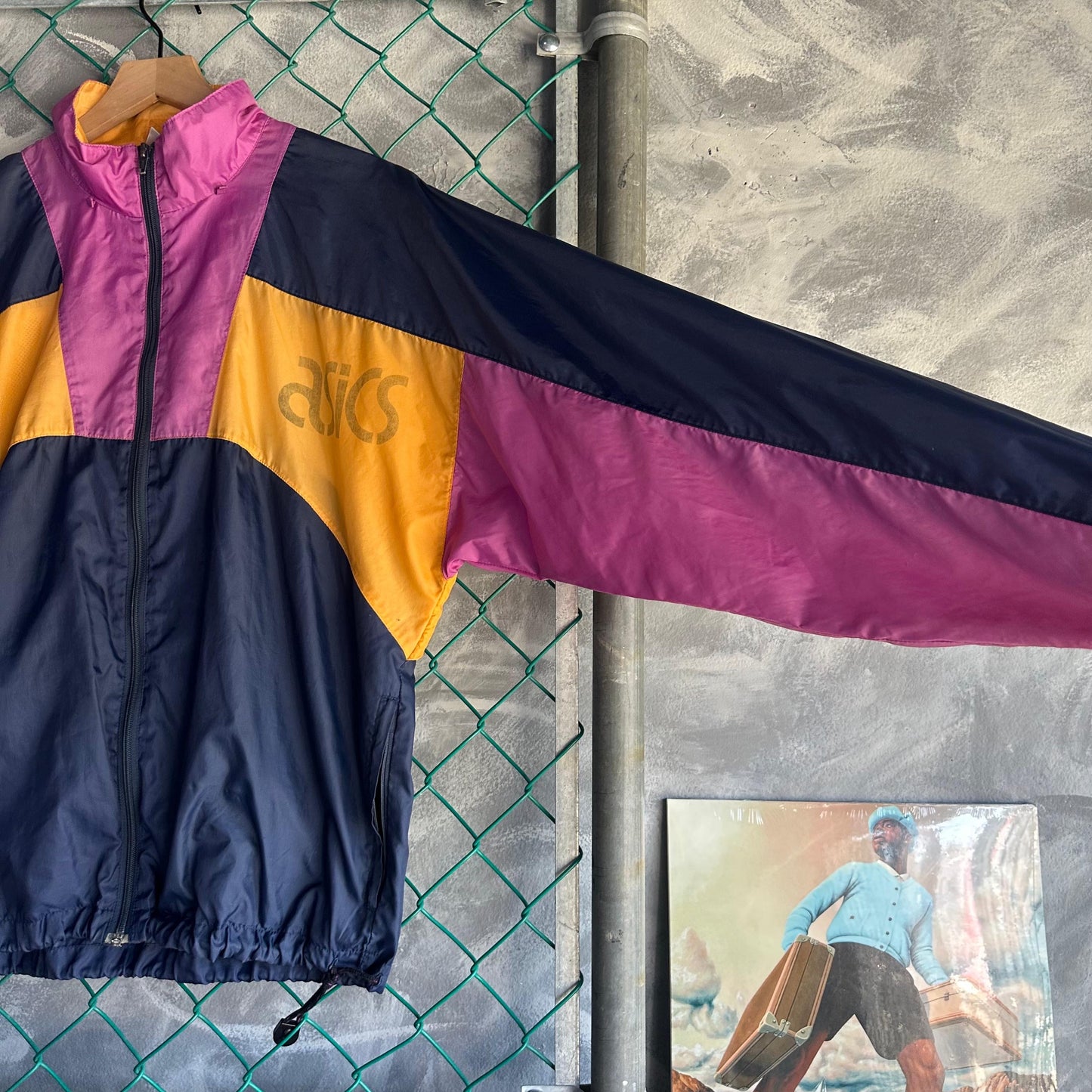 Chamarra Vintage Asics De Hombre Talla L Color Azul Morado Rompevientos 80s