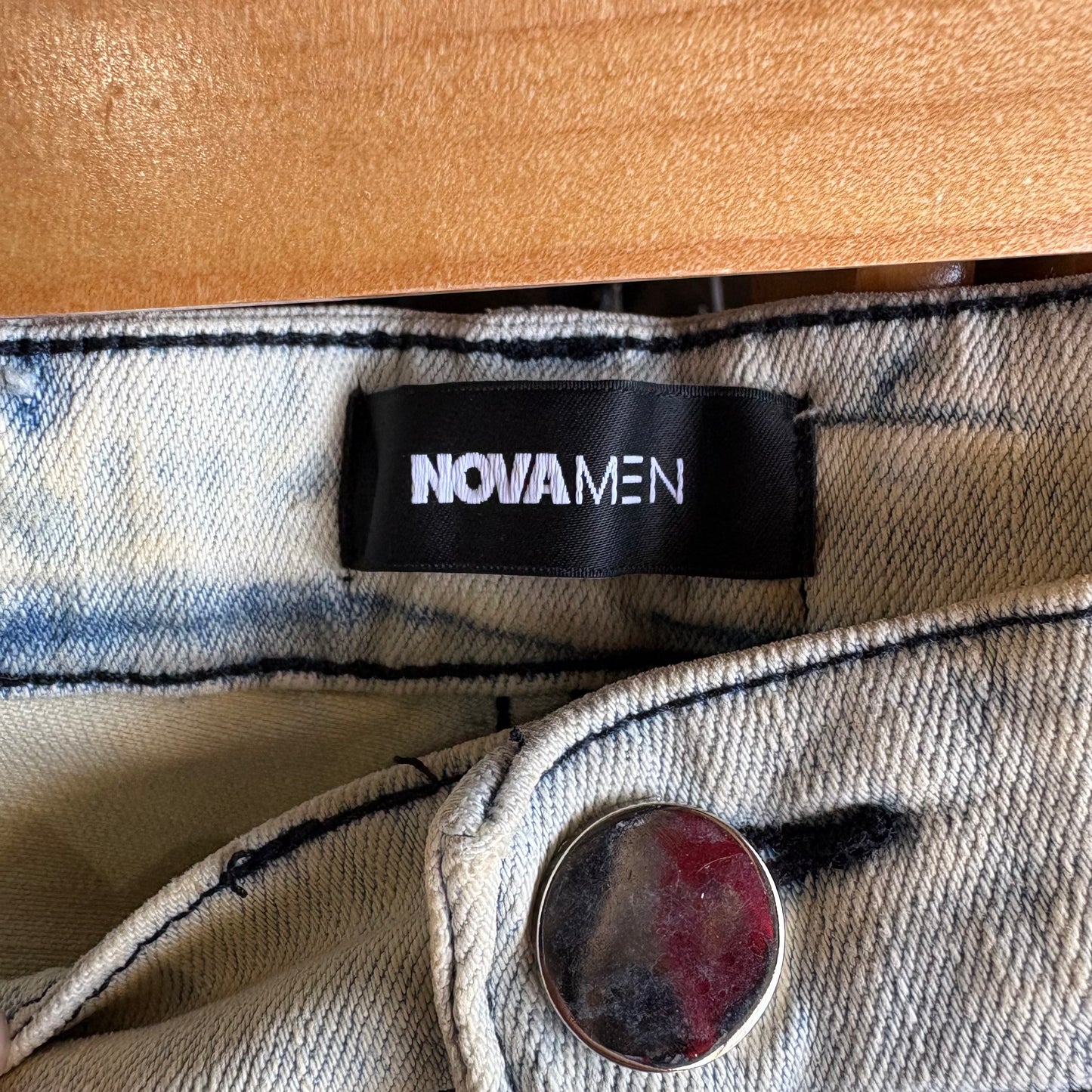 Pantalón Nuevo Novamen Para Hombre Talla 38 Azul Beige Deslavado Descocido