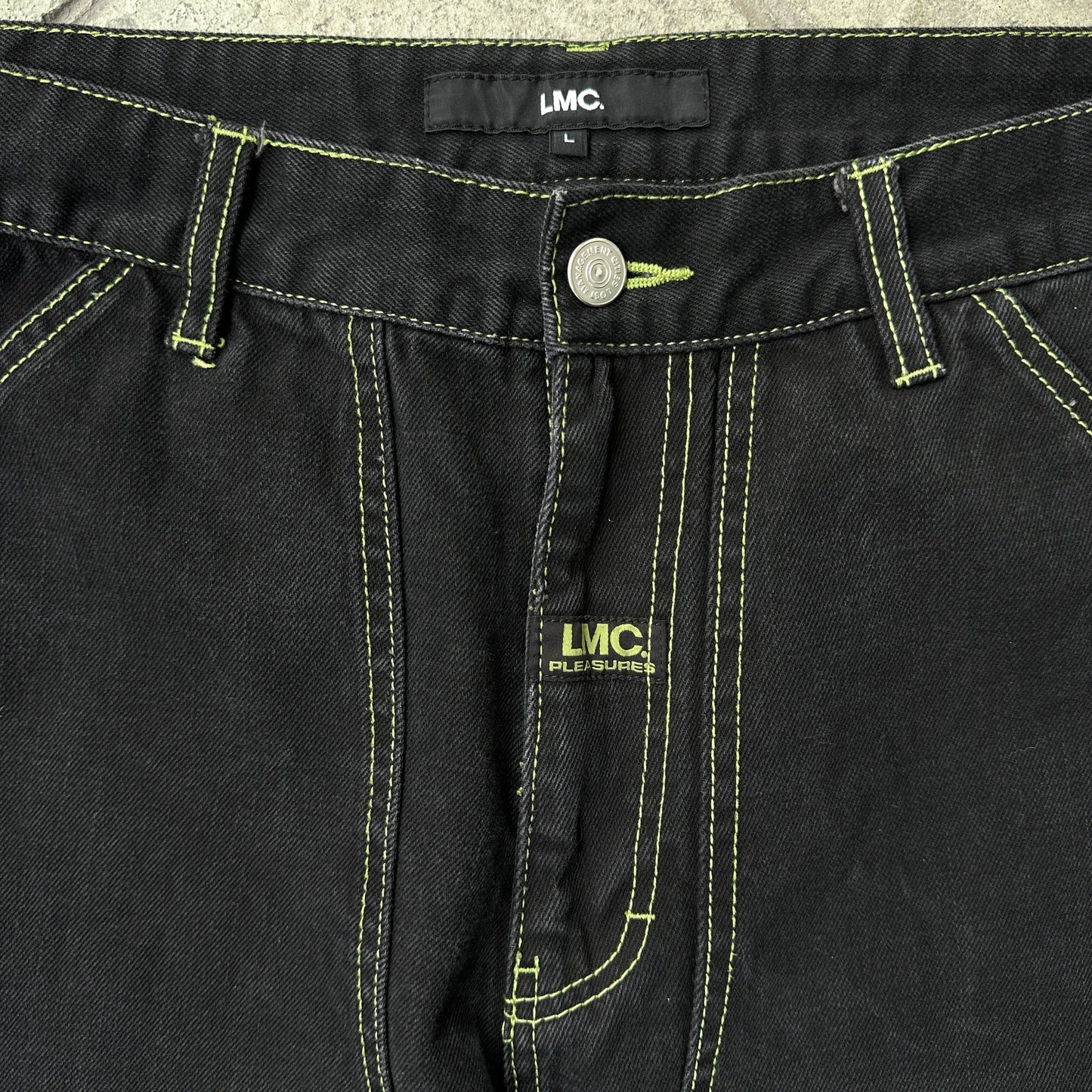 Pantalon Pleasures De Hombre Talla L 32x30 Color Negro Desvanecido Baggy Y2K Doble Rodilla