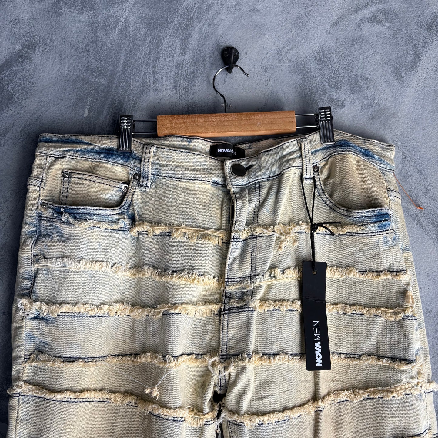 Pantalón Nuevo Novamen Para Hombre Talla 38 Azul Beige Deslavado Descocido