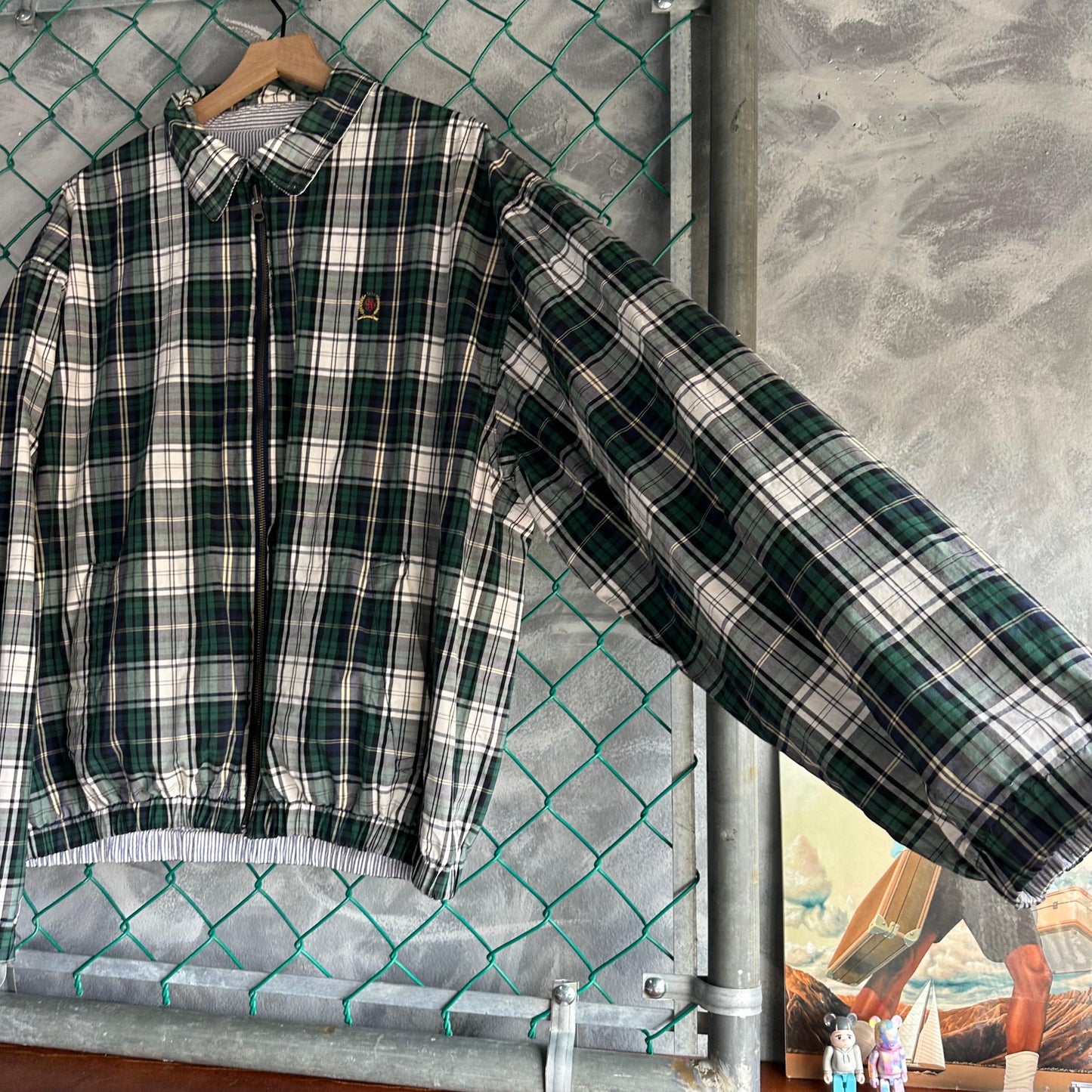 Chamarra Vintage Tommy Hilfiger De Hombre Talla XL Reversible Cuadros y Rayas Color Verde Blanco