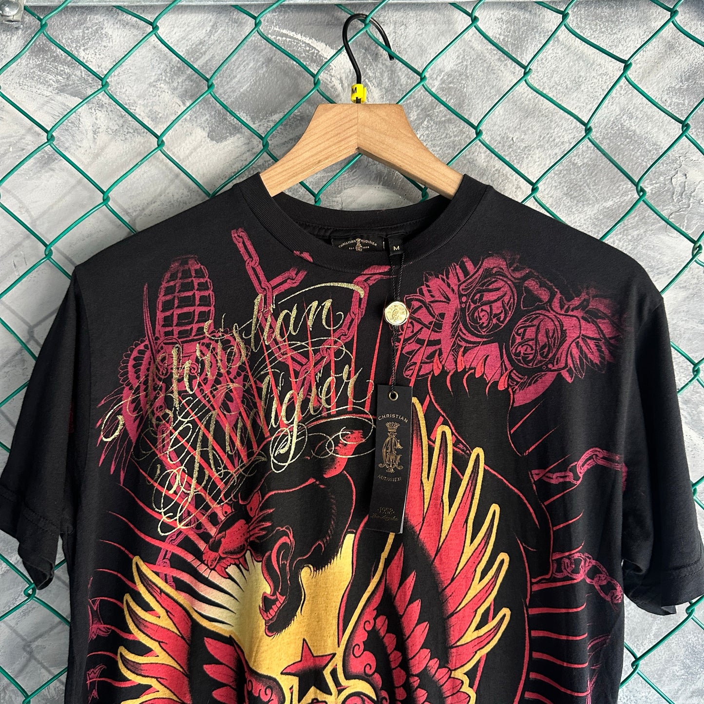 Camisa Y2K Christian Audigier De Hombre Talla M Color Negro Con Brillos Ed Hardy Nueva AOP