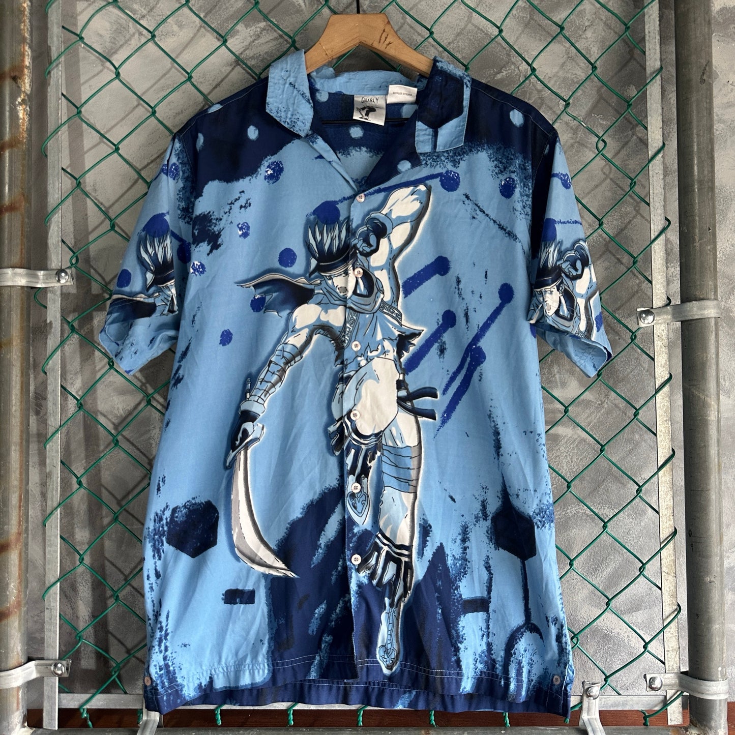 Camisa Y2K de Samurai De Hombre Talla XL Color Azul De Botones AOP Gnarly