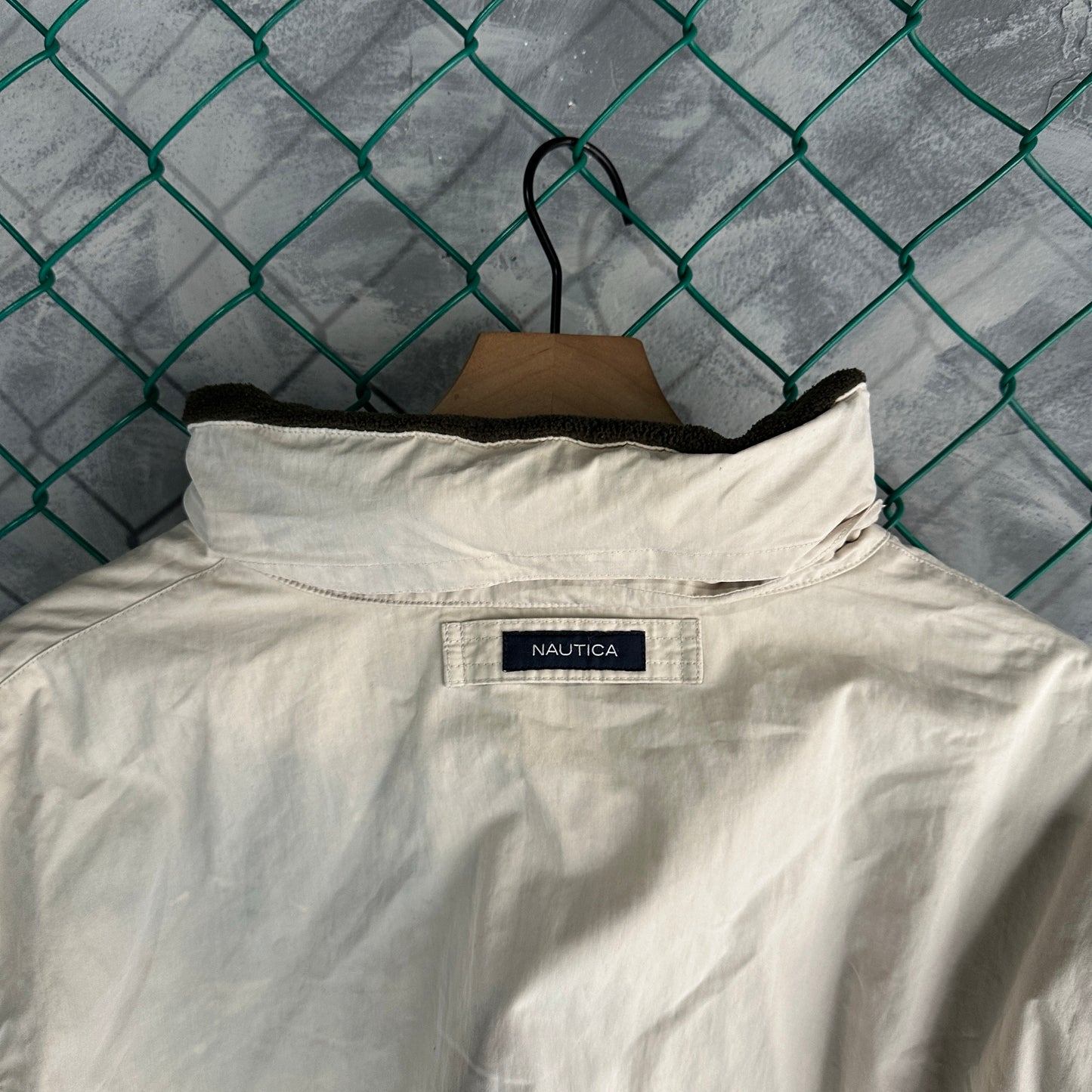 Chamarra Nautica De Hombre Talla XL Color Verde Y Beige Doble Vista Vintage Fleece Rompevientos