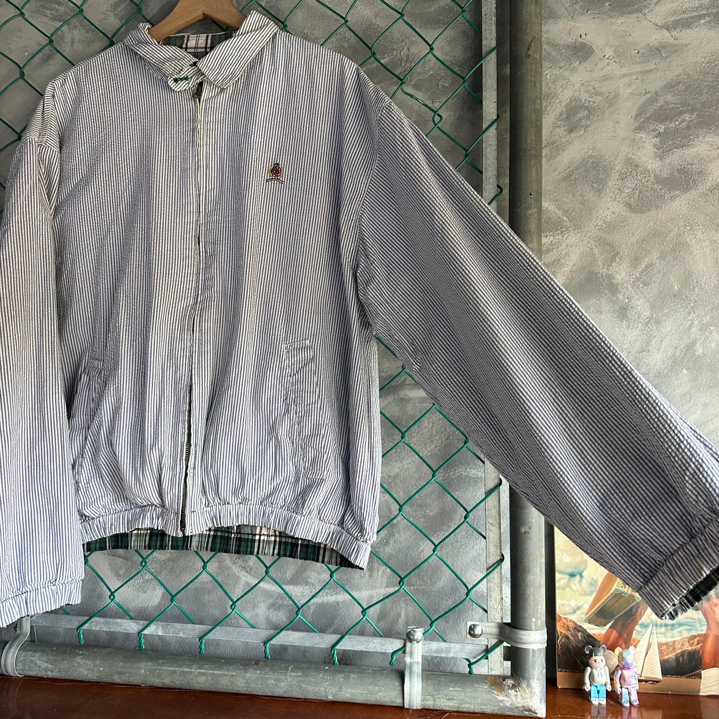 Chamarra Vintage Tommy Hilfiger De Hombre Talla XL Reversible Cuadros y Rayas Color Verde Blanco