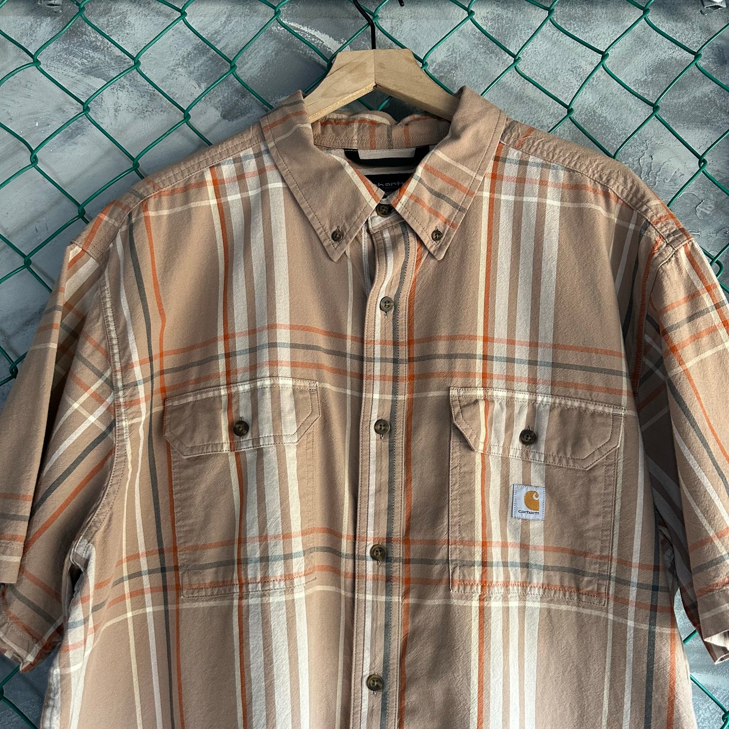 Camisa Botones Carhartt De Hombre Talla 2XL Color Café Claro Manga Corta Workwear Rayas