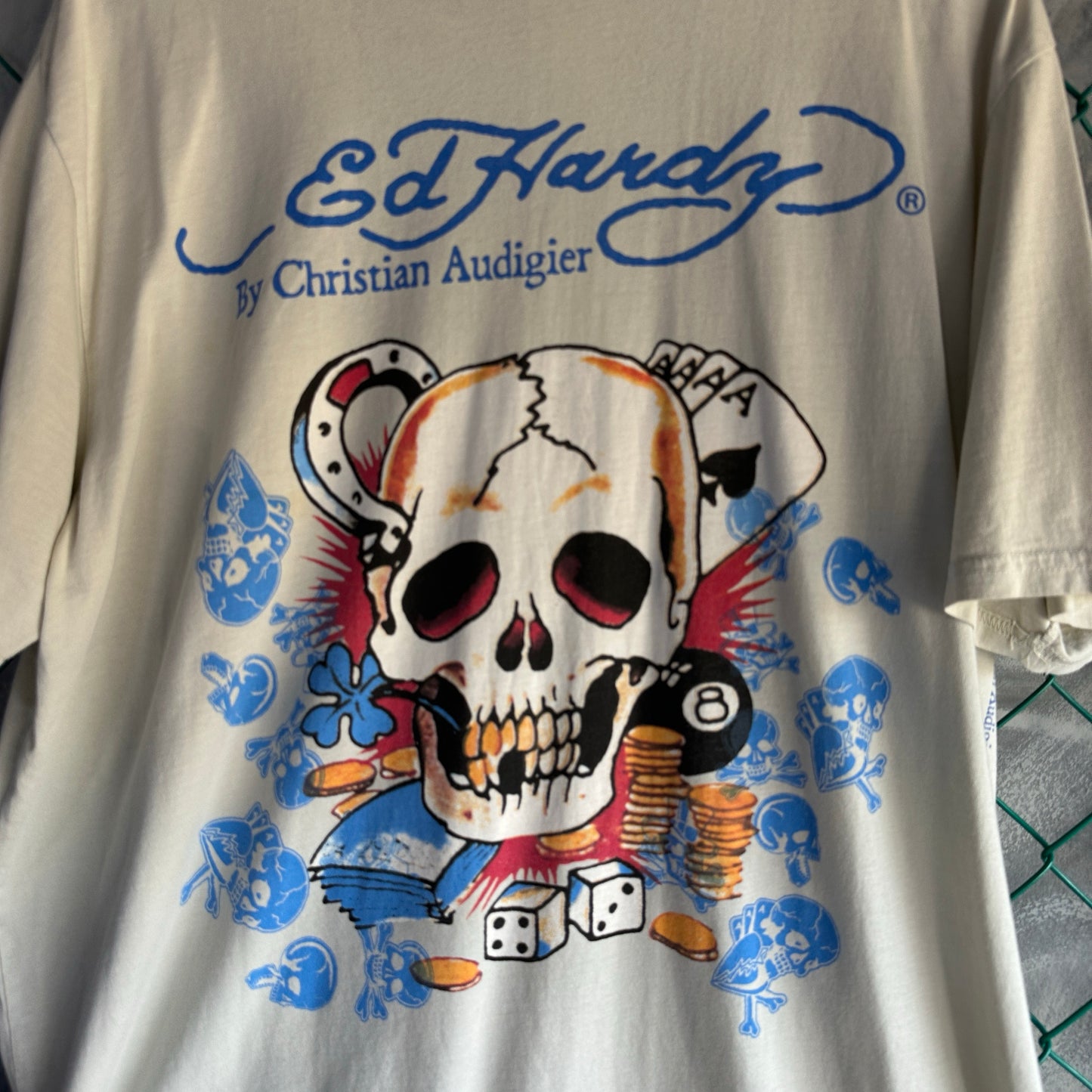 Camisa Ed Hardy De Hombre Talla 3Xl Color Beige Estilo Y2K Tatuaje Calaca Casino