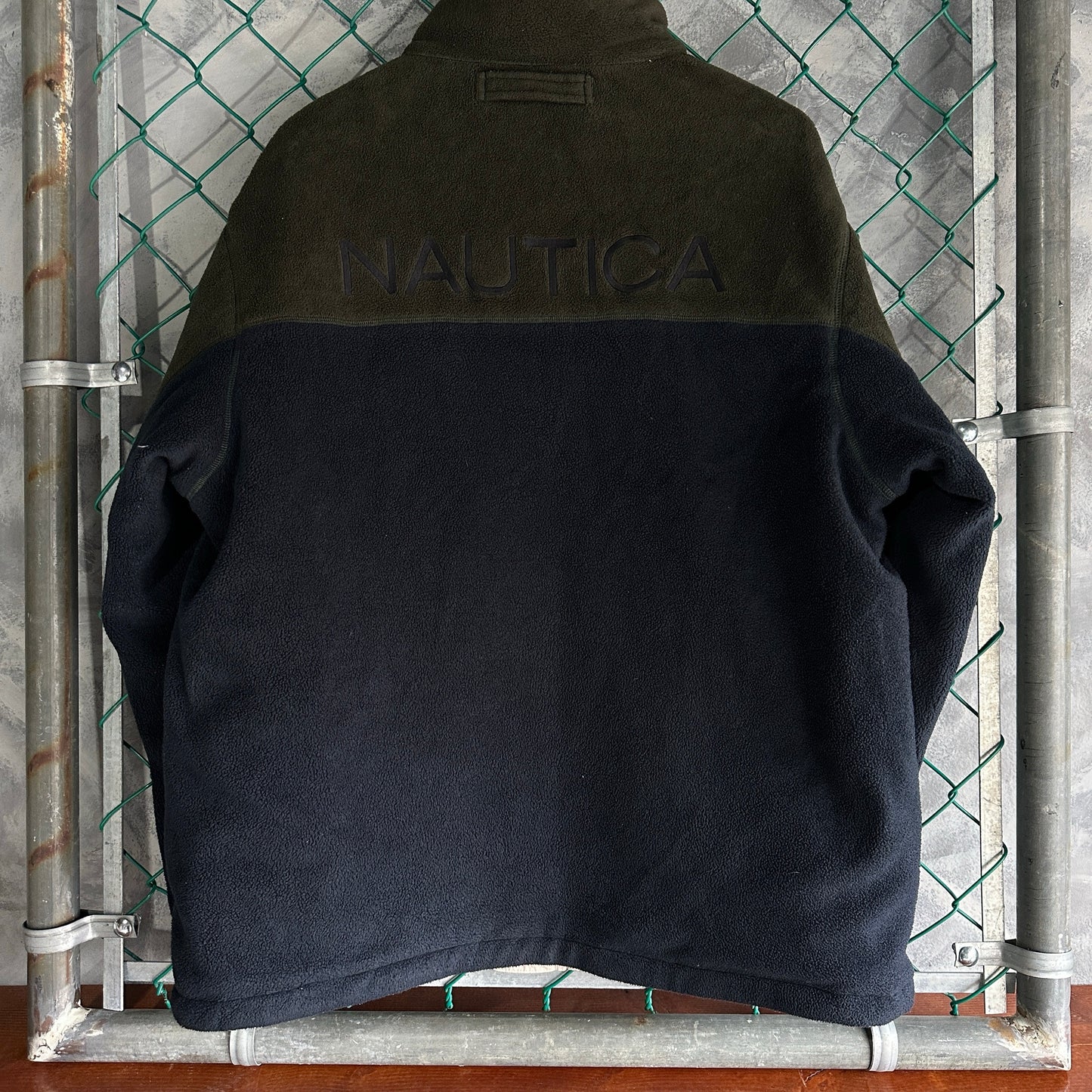 Chamarra Nautica De Hombre Talla XL Color Verde Y Beige Doble Vista Vintage Fleece Rompevientos