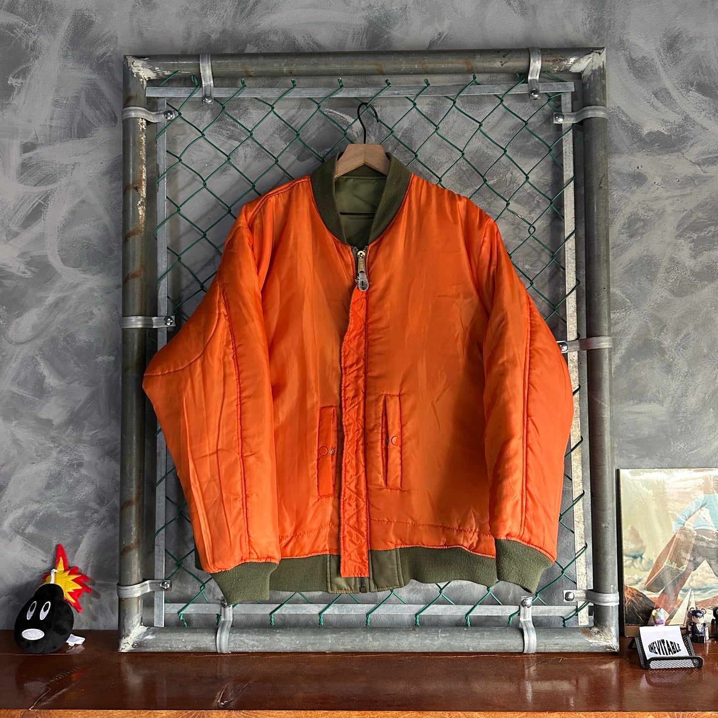Chamarra Vintage Bomber De Hombre Talla S Queda a L Color Verde Naranaja Doble Vista Aviador