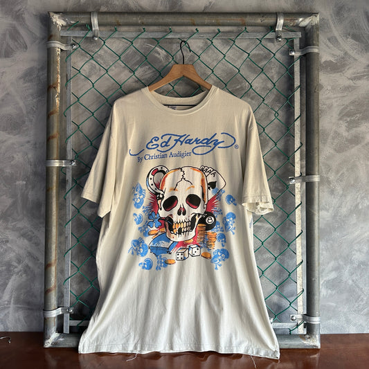 Camisa Ed Hardy De Hombre Talla 3Xl Color Beige Estilo Y2K Tatuaje Calaca Casino