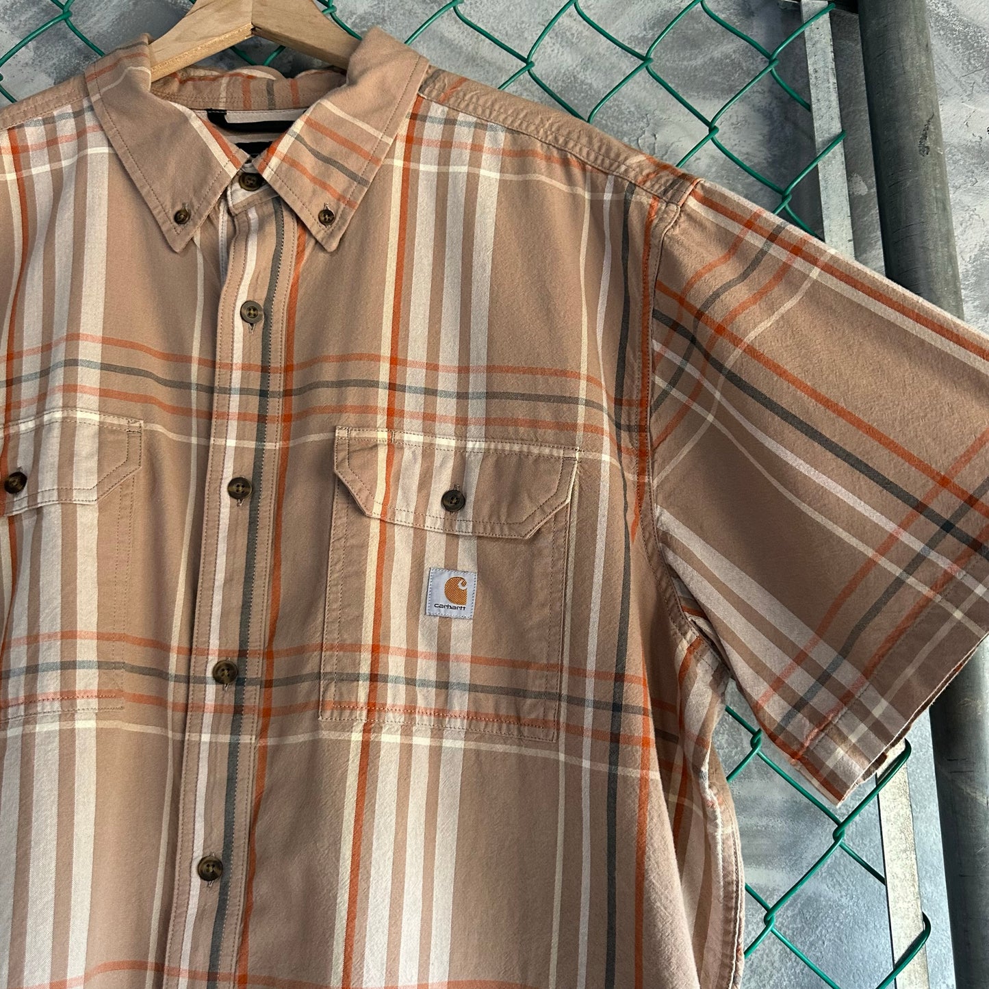 Camisa Botones Carhartt De Hombre Talla 2XL Color Café Claro Manga Corta Workwear Rayas