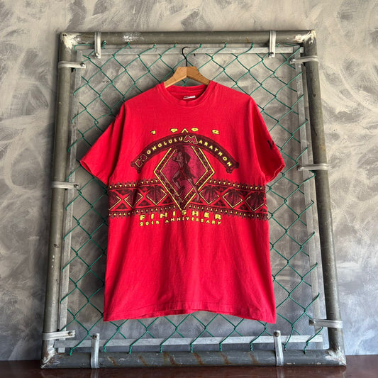 Camisa Vintage De Maraton De Honolulu Hawaina De Hombre Talla L Color Rojo Doble Print