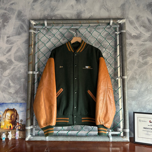 Chamarra Vintage Varsity De Hombre Talla Xl Color Verde Café Piel Y Lana Colegial Letterman