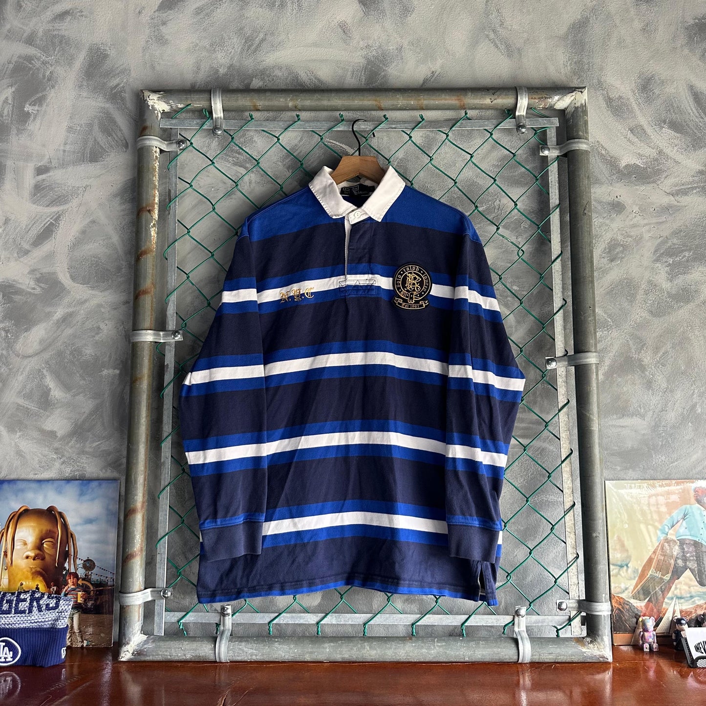 Camisa Vintage Polo de Rugby Polo Ralph Lauren De Hombre Talla L Color Azul y Blanco De Rayas Y2K