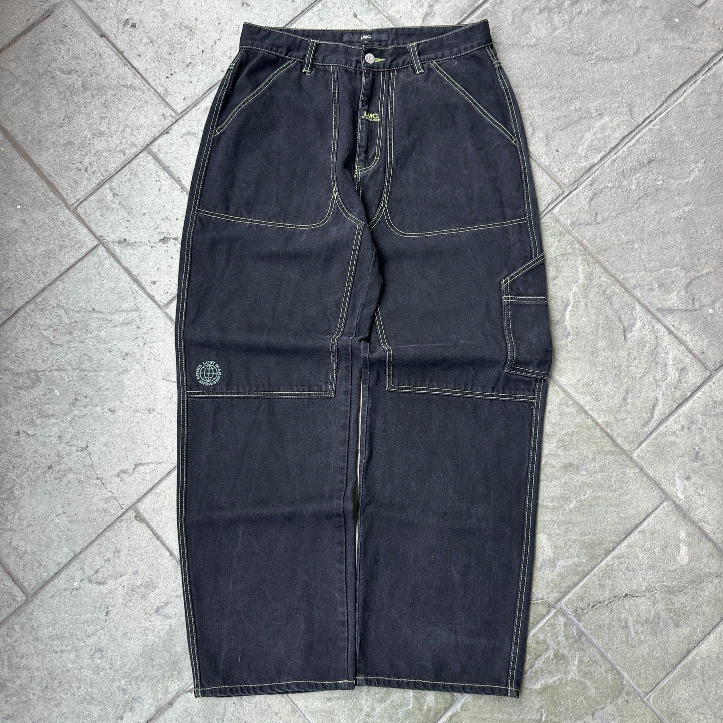 Pantalon Pleasures De Hombre Talla L 32x30 Color Negro Desvanecido Baggy Y2K Doble Rodilla