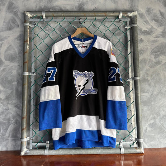 Jersey Vintage de Tampa Bay De Hombre Talla L Color Negro Blanco y Azul De l NHL Hockey Rayos Bakka