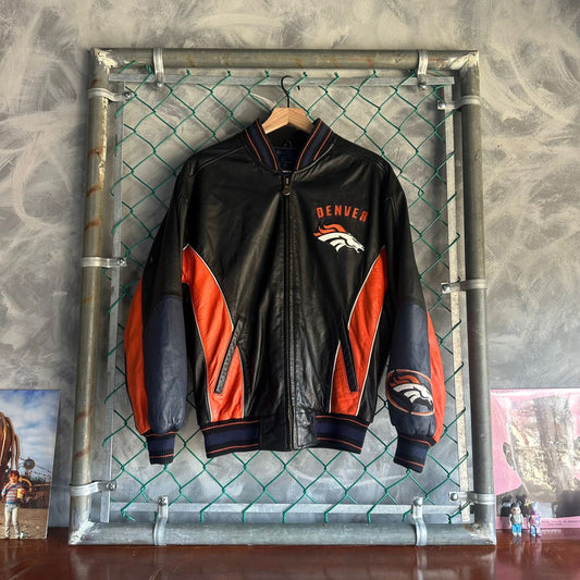 Chamarra De Cuero Vintage Denver Broncos de la NFL De Hombre Talla S Color Negro Naranja Piel