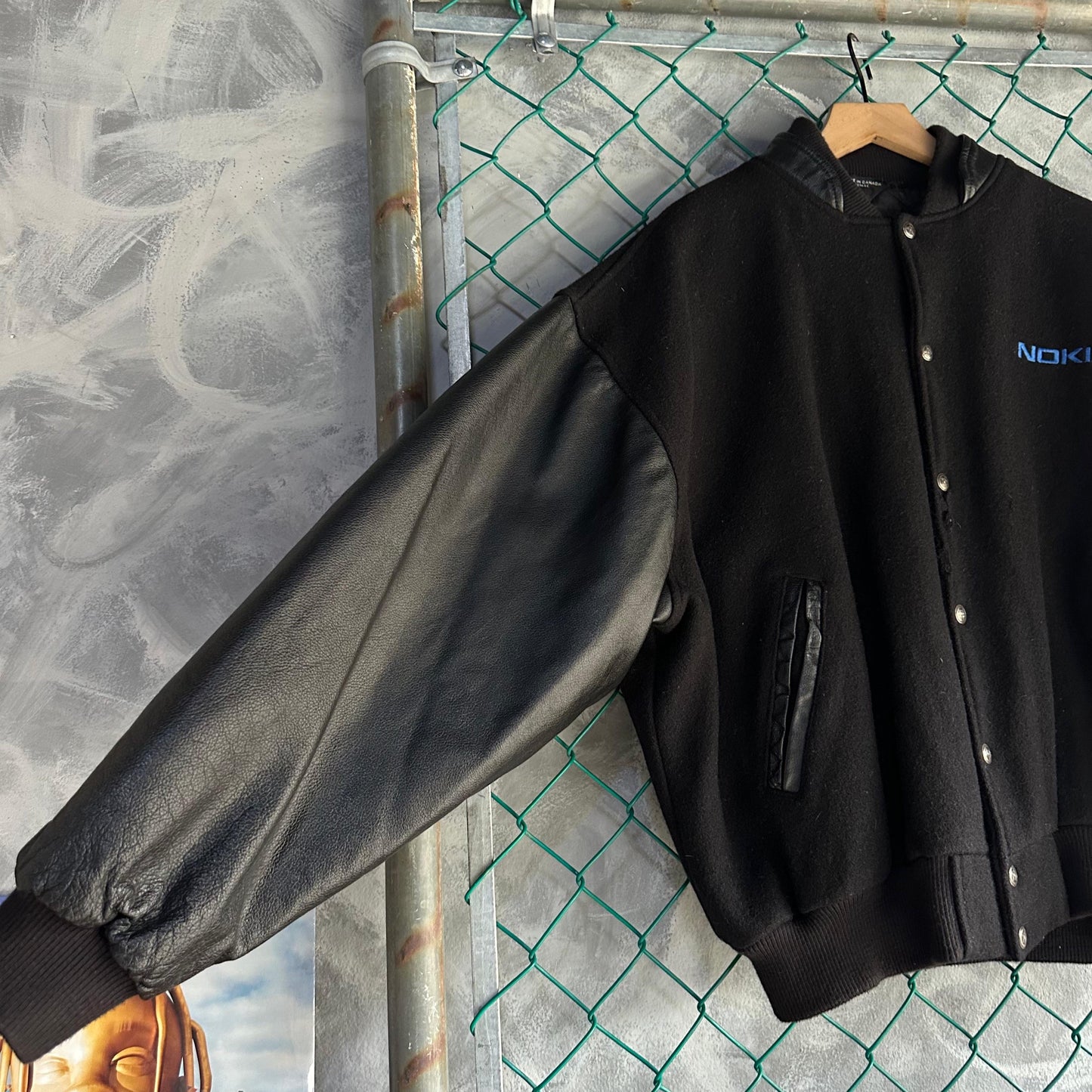 Chamarra Vintage Nokia San Diego Global De Hombre Talla XL Color Negro Varsity Letterman De Piel
