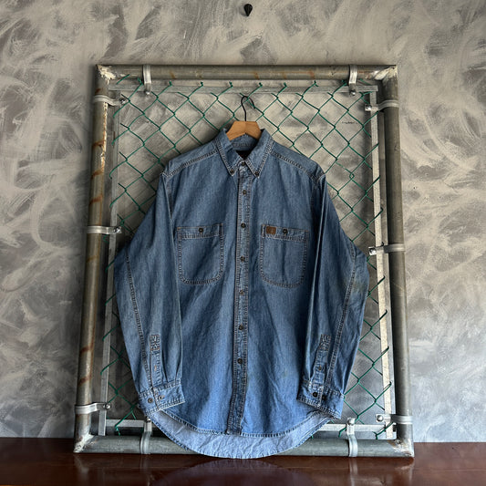 Camisa De Botones Wrangler De Hombre Talla L Color Azul De Mezclilla Manga Larga Mecanico Workwear Lisa