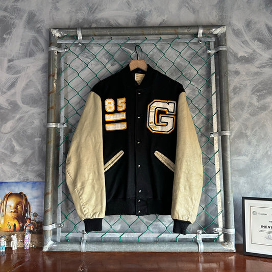 Chamarra Varsity Vintage De Hombre Talla M Color Negro Y Crema Letterman 80s Campeonatos