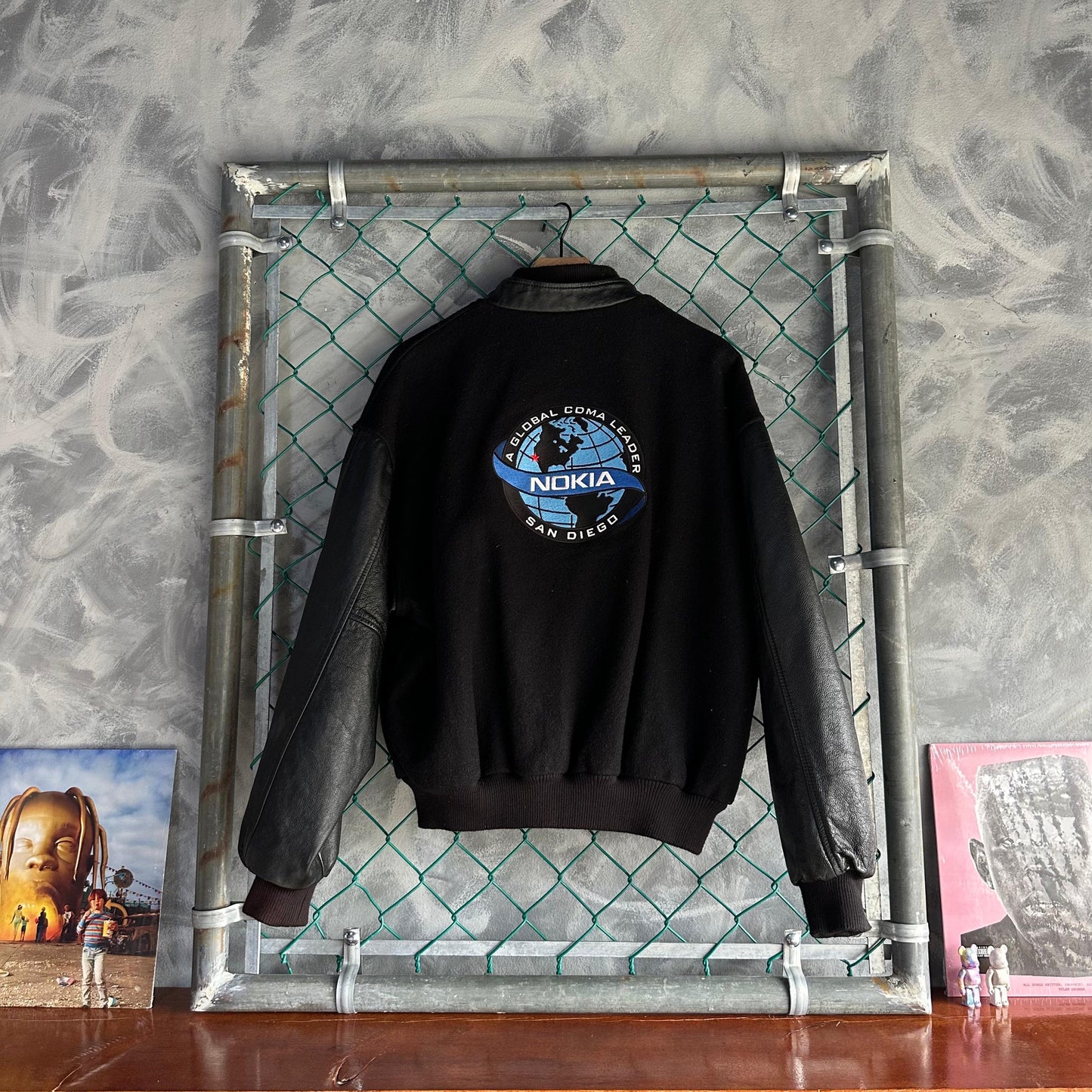 Chamarra Vintage Nokia San Diego Global De Hombre Talla XL Color Negro Varsity Letterman De Piel