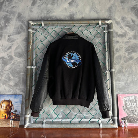 Chamarra Vintage Nokia San Diego Global De Hombre Talla XL Color Negro Varsity Letterman De Piel
