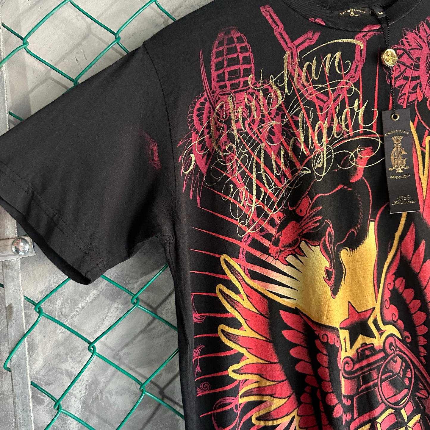 Camisa Y2K Christian Audigier De Hombre Talla M Color Negro Con Brillos Ed Hardy Nueva AOP
