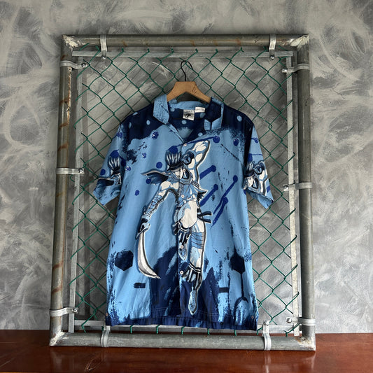Camisa Y2K de Samurai De Hombre Talla XL Color Azul De Botones AOP Gnarly