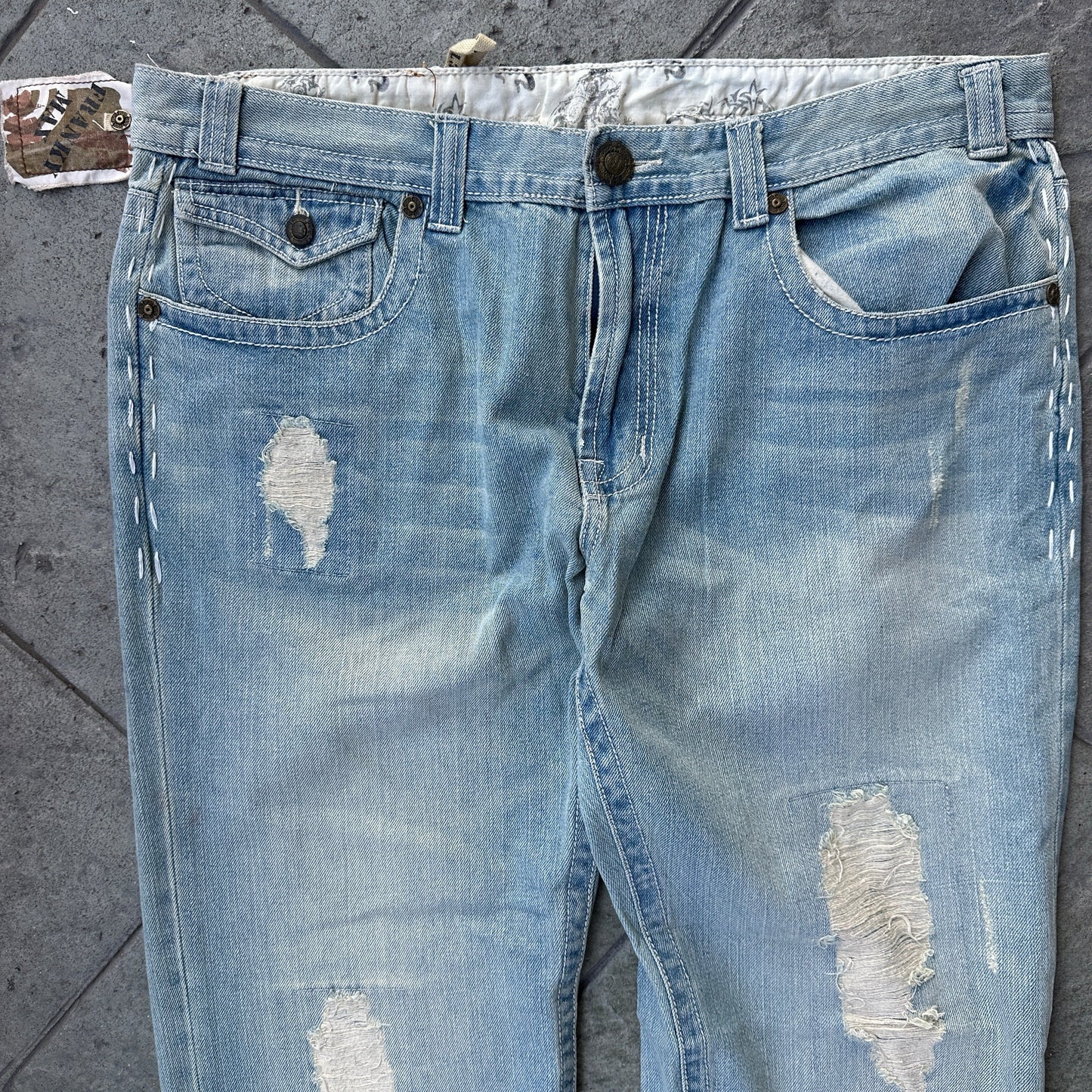 Pantalon Franky Max De Hombre Talla 38x32 Azul Claro Con Rasgados Nuevo Con Etiquetas Y2K Recto