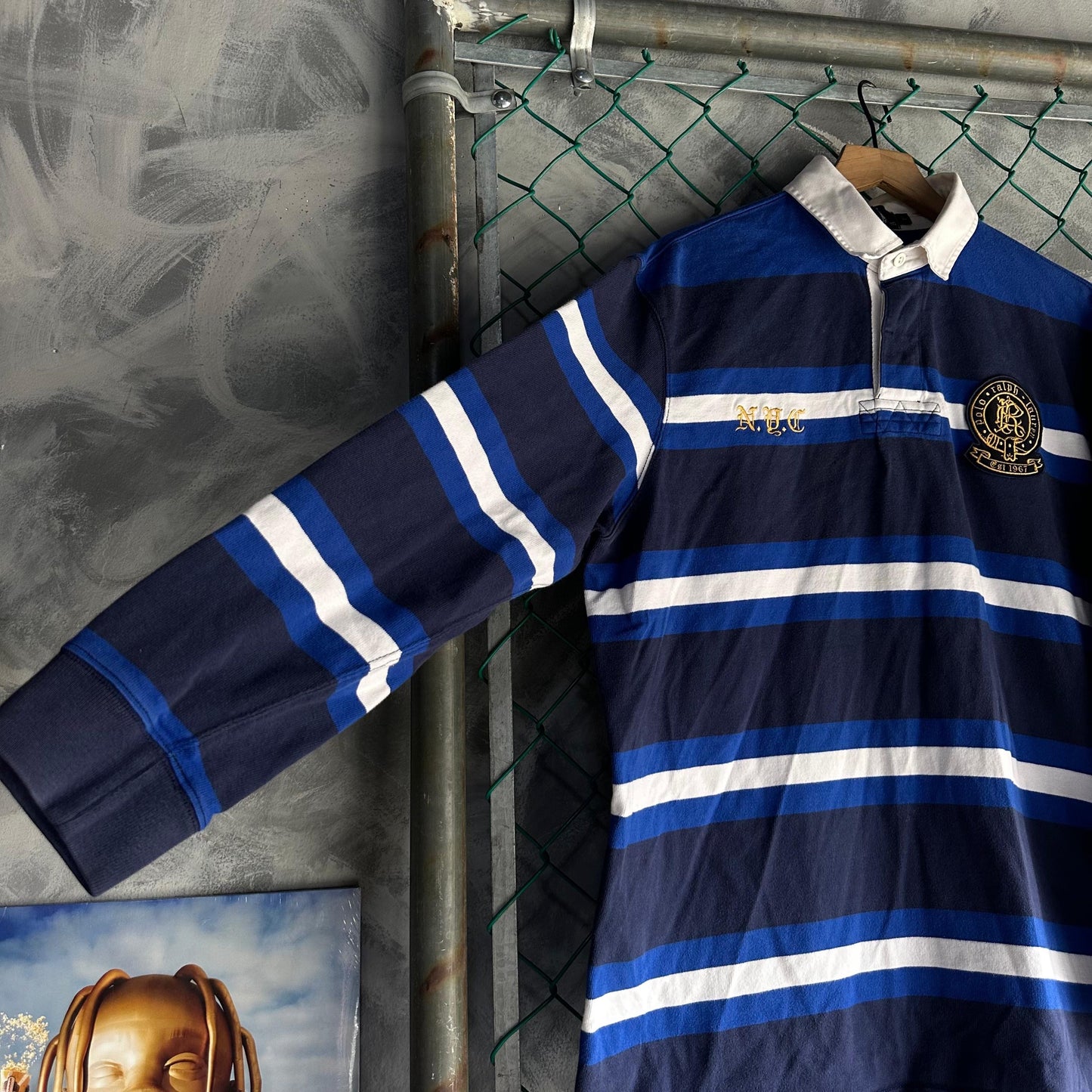 Camisa Vintage Polo de Rugby Polo Ralph Lauren De Hombre Talla L Color Azul y Blanco De Rayas Y2K