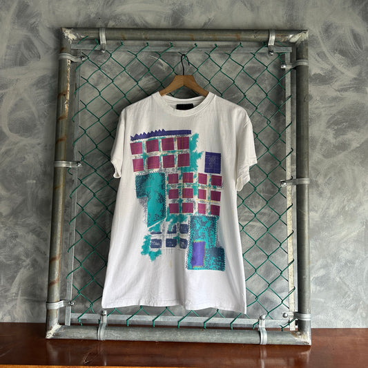 Camisa Vintage De Arte Abstracto De Hombre Talla Xl Color Blanco Corte Oversize Cuello Grueso