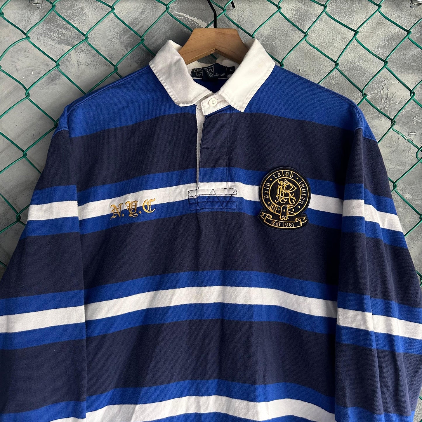 Camisa Vintage Polo de Rugby Polo Ralph Lauren De Hombre Talla L Color Azul y Blanco De Rayas Y2K