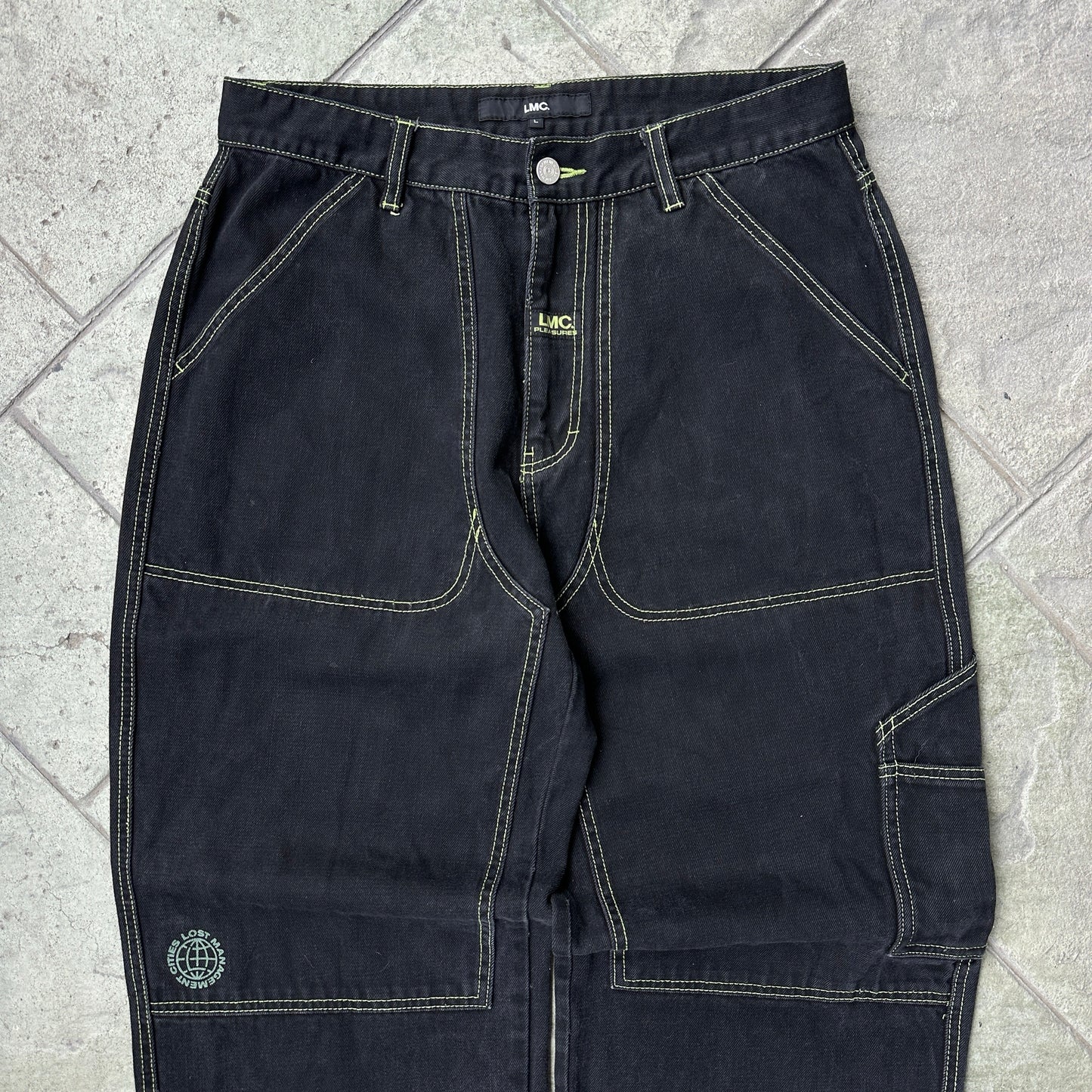 Pantalon Pleasures De Hombre Talla L 32x30 Color Negro Desvanecido Baggy Y2K Doble Rodilla
