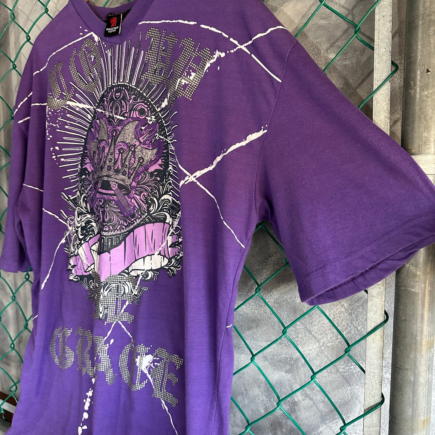Camisa Y2K De hombre Talla 2XL Color Morado Big Print Brillos Y Pedreria