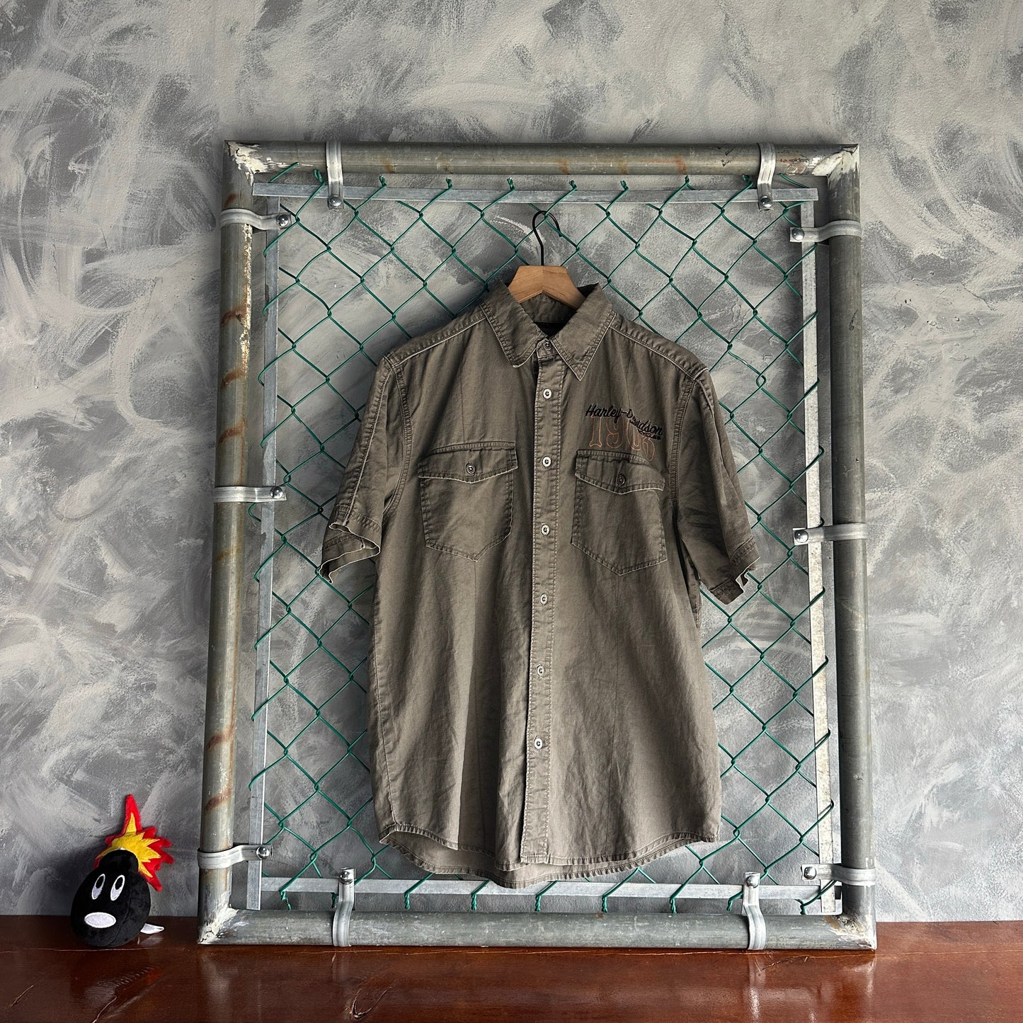 Camisa De Botones Vintage Harley Davidson De Hombre Talla M Color Gris Estilo Mecanico Bordado