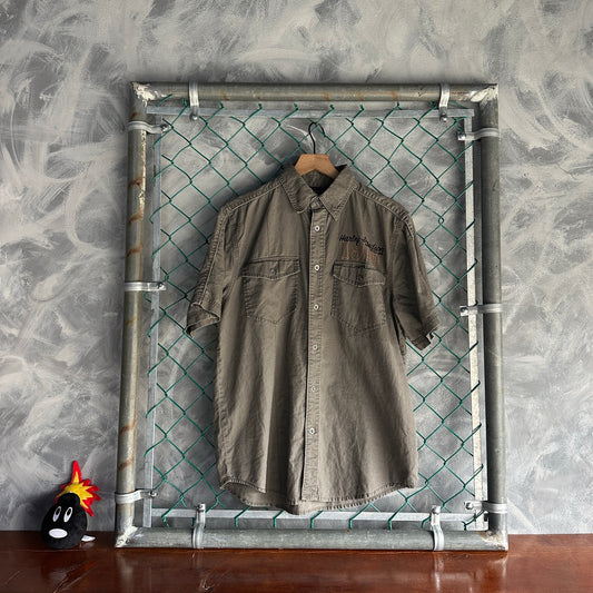 Camisa De Botones Vintage Harley Davidson De Hombre Talla M Color Gris Estilo Mecanico Bordado