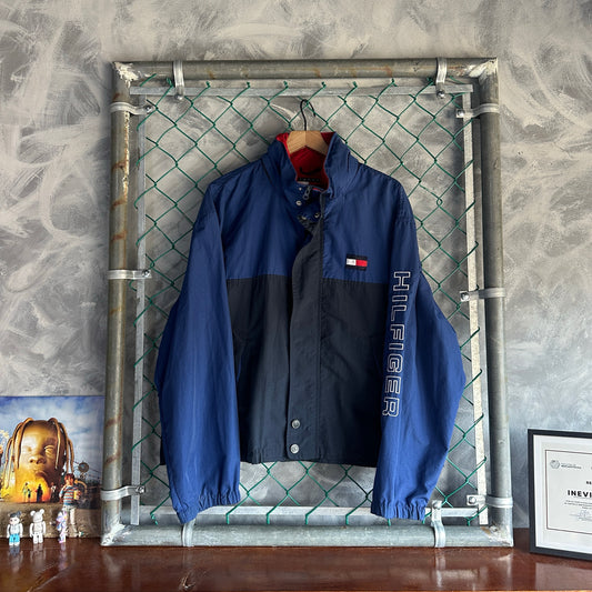 Chamarra Vintage Tommy Hilfiger De Hombre Talla L Color Azul Corte Boxy Rompevientos Con Gorro
