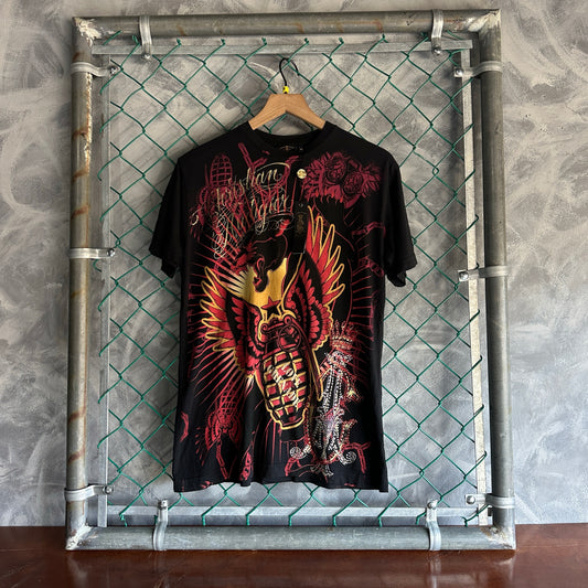 Camisa Y2K Christian Audigier De Hombre Talla M Color Negro Con Brillos Ed Hardy Nueva AOP