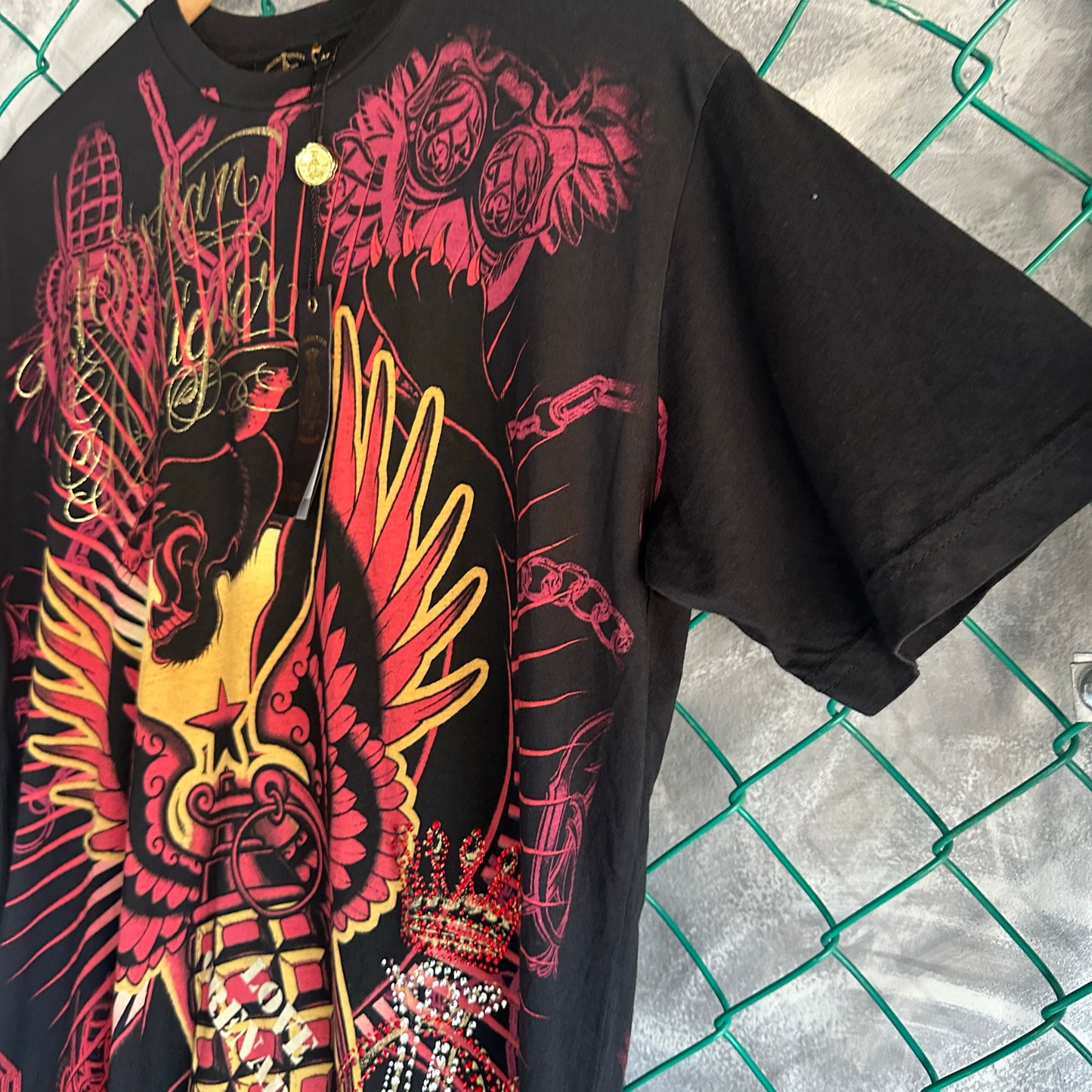 Camisa Y2K Christian Audigier De Hombre Talla M Color Negro Con Brillos Ed Hardy Nueva AOP