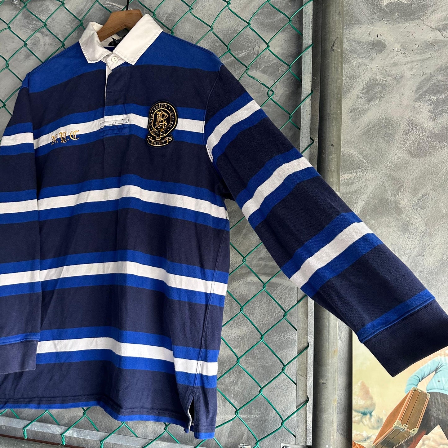Camisa Vintage Polo de Rugby Polo Ralph Lauren De Hombre Talla L Color Azul y Blanco De Rayas Y2K