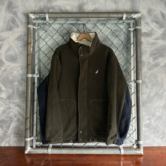 Chamarra Nautica De Hombre Talla XL Color Verde Y Beige Doble Vista Vintage Fleece Rompevientos
