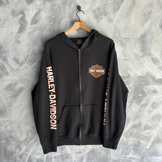 Hoodie Zip Up Vintage Harley Davidson De Hombre Talla L Color Negro Con Print En Mangas
