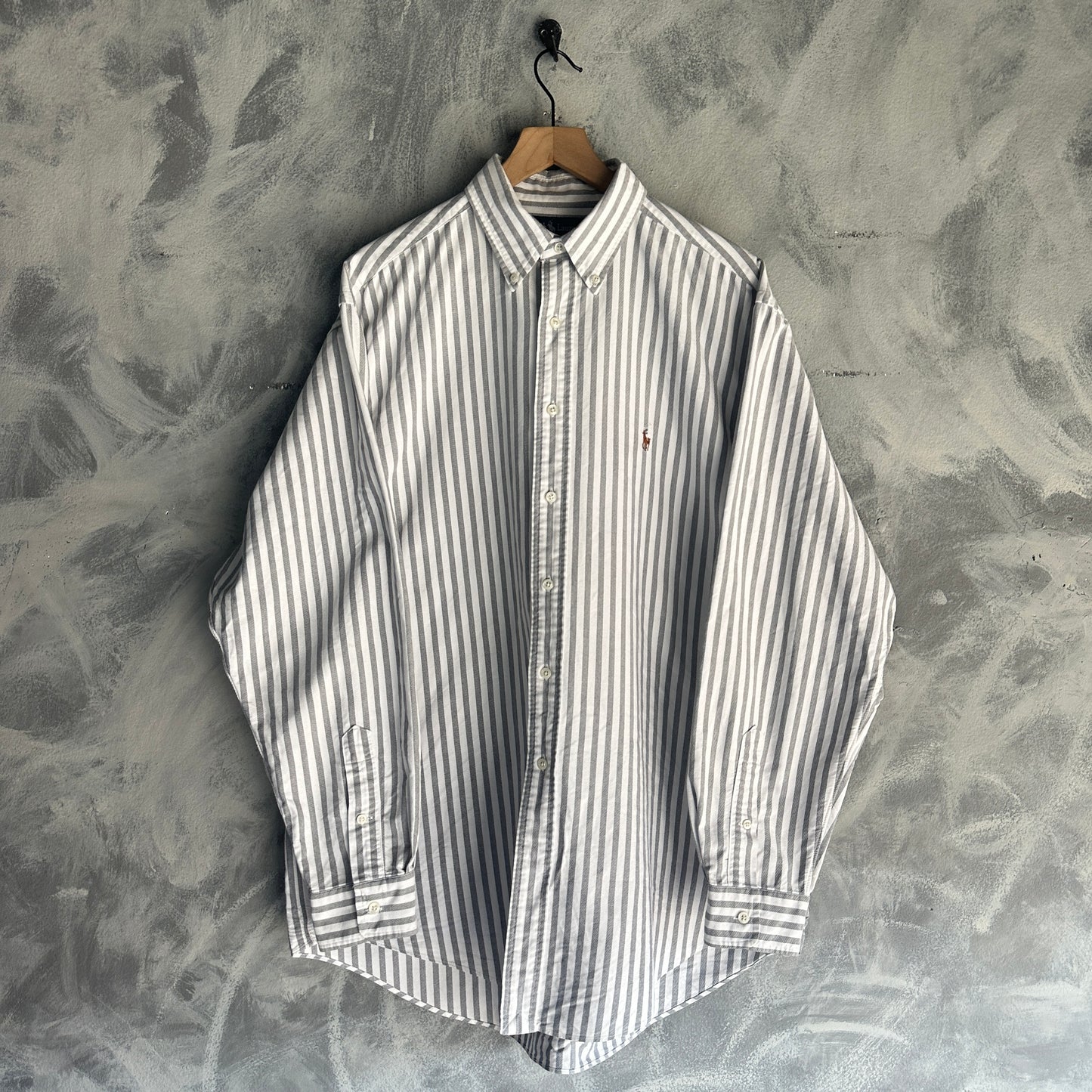 Camisa De Botones Polo Ralph Lauren Oxford De Hombre Talla XL Color Blanco Con Gris De Rayas